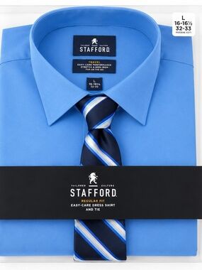 Stafford Blue Dress Shirt with Navy & Light Blue Striped Tie